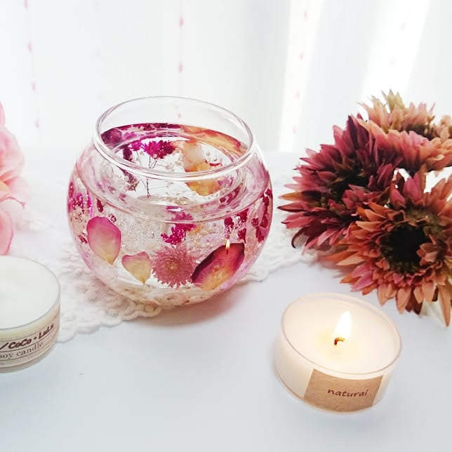 ボタニカル キャンドルホルダー &ソイキャンドル3個set ～Organic ｴｯｾﾝｼｬﾙｵｲﾙ ～ 「丸 ピンク」