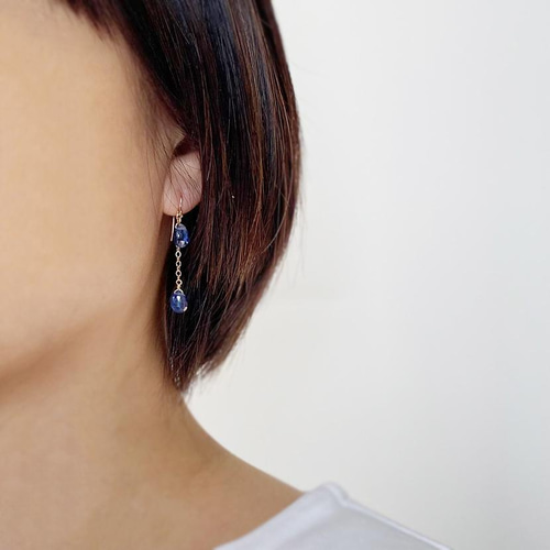 14Kgf カイヤナイト 天然石チェーンピアス/イヤリング --Swing blue  