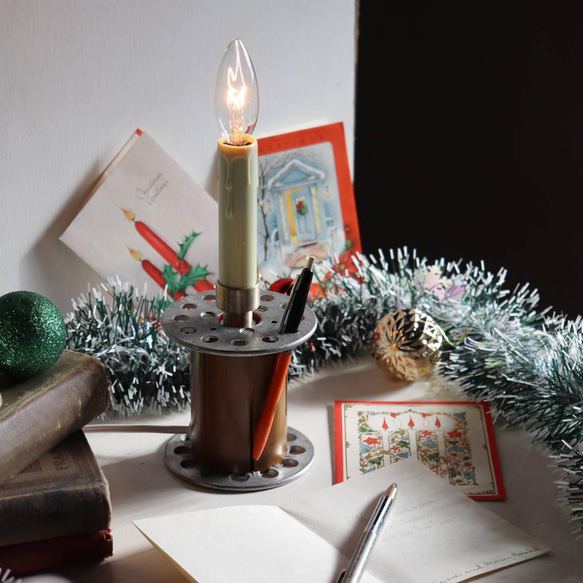 クリスマスにも♪古い工業系糸巻のキャンドルテーブルライト卓上照明｜ヴィンテージインダストリアルスプールテーブルランプ 2枚目の画像
