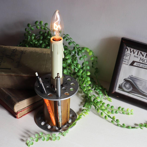 クリスマスにも♪古い工業系糸巻のキャンドルテーブルライト卓上照明｜ヴィンテージインダストリアルスプールテーブルランプ 13枚目の画像