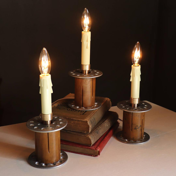 クリスマスにも♪古い工業系糸巻のキャンドルテーブルライト卓上照明｜ヴィンテージインダストリアルスプールテーブルランプ 8枚目の画像