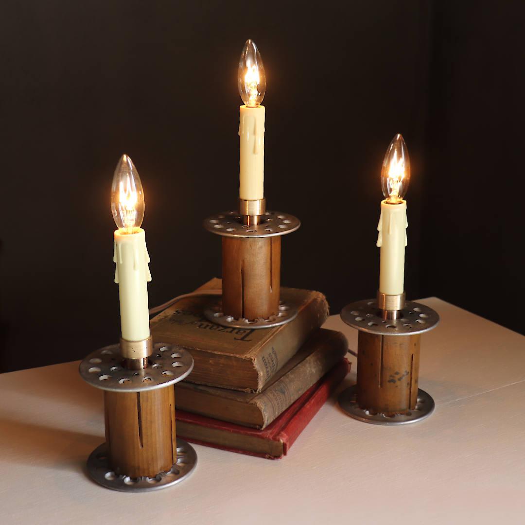 クリスマスにも♪古い工業系糸巻のキャンドルテーブルライト卓上照明｜ヴィンテージインダストリアルスプールテーブルランプ