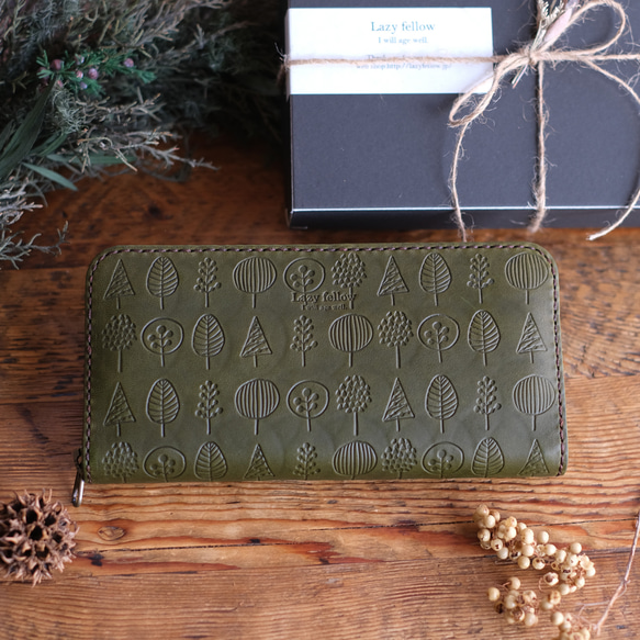 北欧柄 ラウンドファスナー 長財布 グリーン] 春財布 本革 通帳も入る