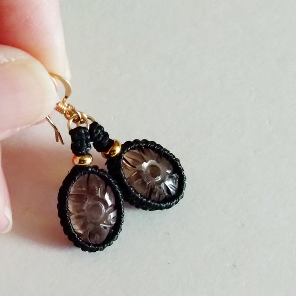 のんたん様＊スモーキークォーツ×マザオパカービングとオレンジサファイアピアス他２ のんたん様＊スモーキークォーツ×マザオパカービングとオレンジ