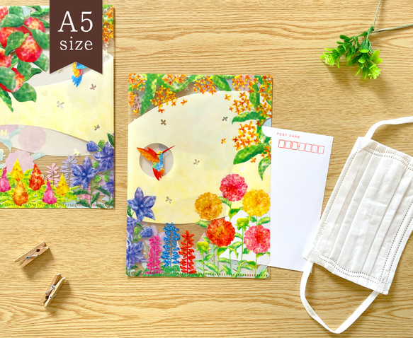 花とハチドリのクリアファイル〈A5サイズ〉書類整理 マスクケース