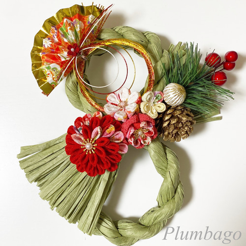 再販】✿つまみ細工✿ お正月しめ縄飾り(オリーブカラー) しめ縄