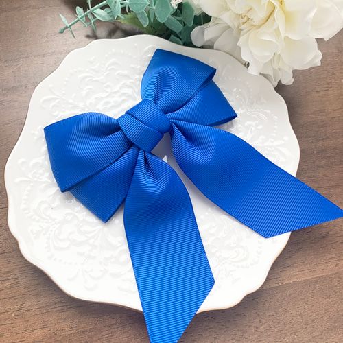ビッグダブルリボン ブルー 青 シンプル 大きめリボン バレッタ ポニー