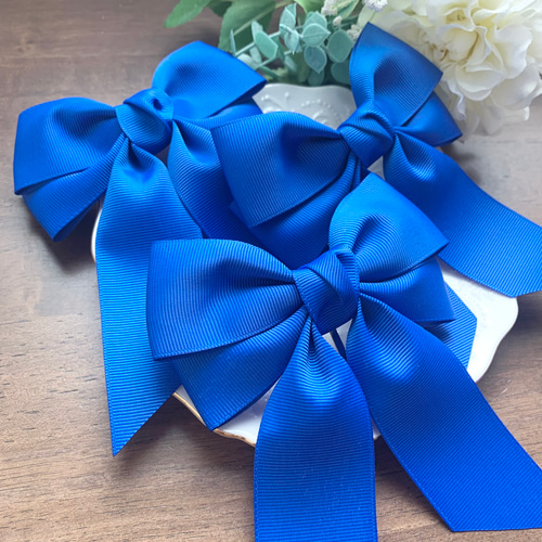 ビッグダブルリボン ブルー 青 シンプル 大きめリボン バレッタ ポニー