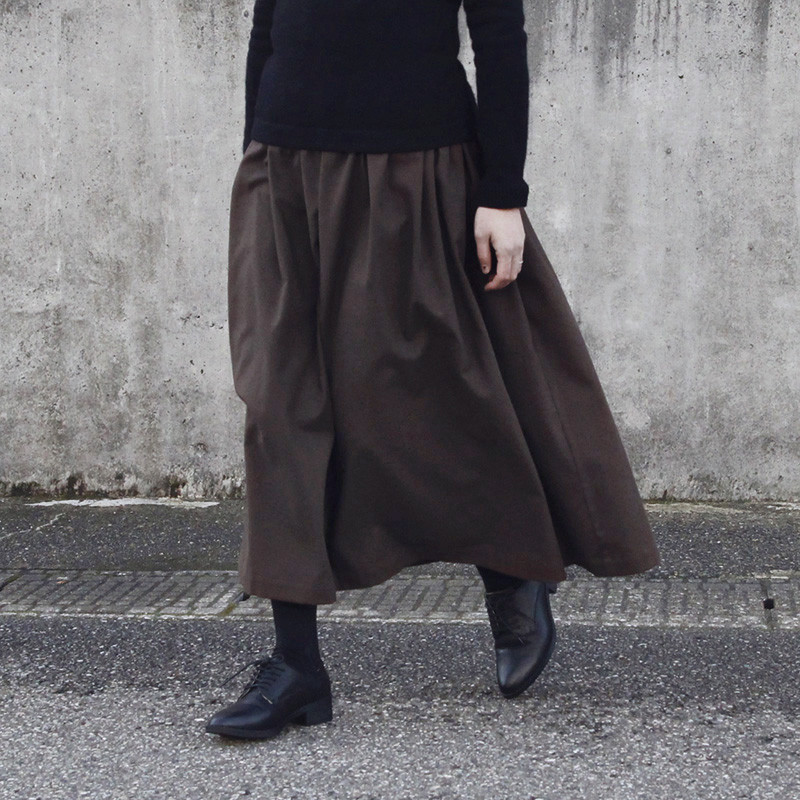 コットンビエラ ギャザースカート（ダークブラウン）ロング マキシ ポケット