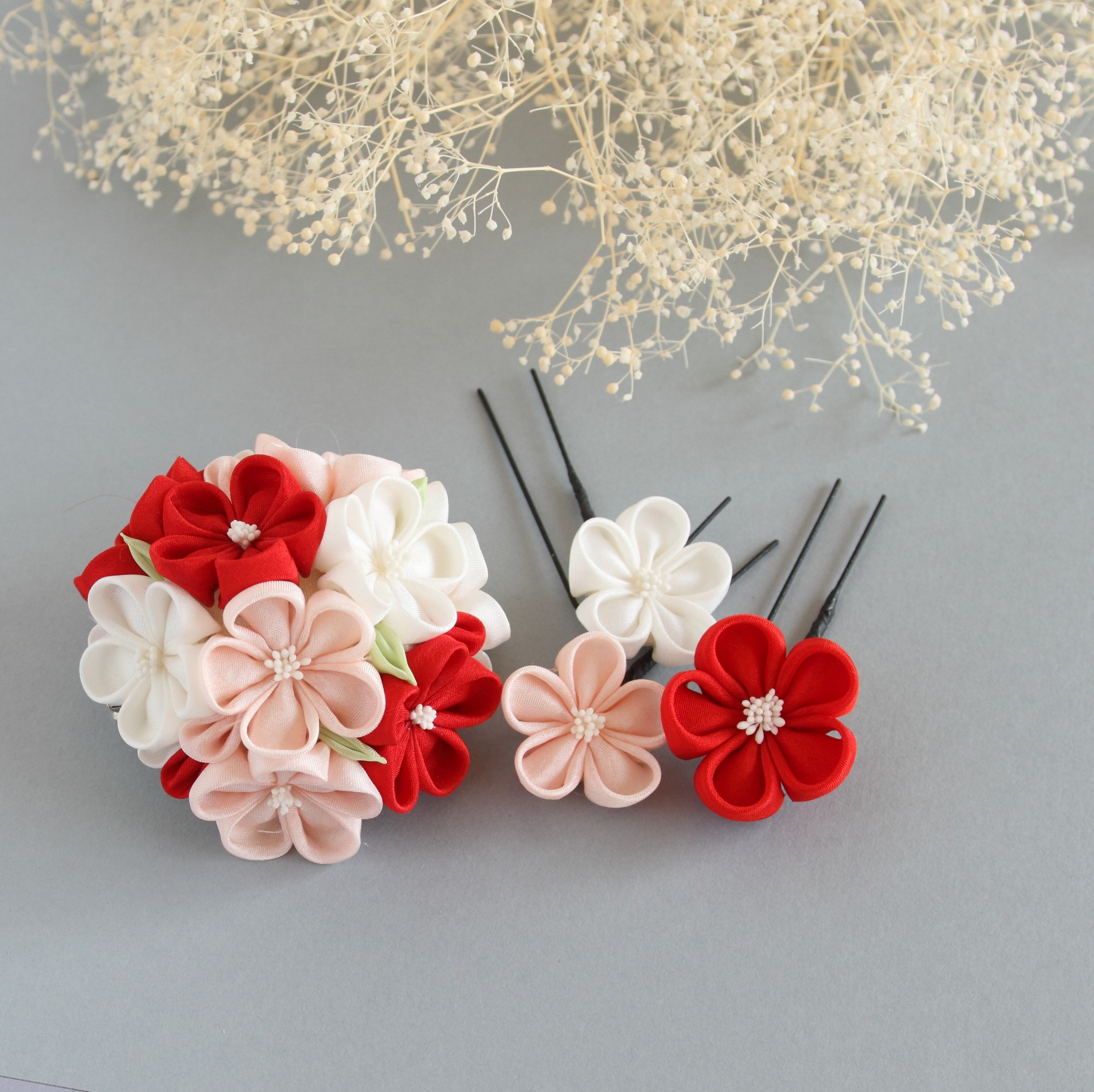 和装・成人　髪飾り　正絹つまみ細工セット（赤）