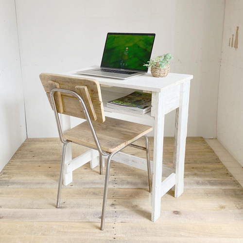 アンティーク　リペア　机　デスク　アイボリー仕上げ（椅子別売り） フレンチカントリーパインデスク+学童チェア85セット クリスタルガラス