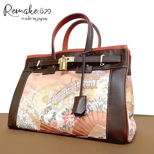 SOLD◇35サイズ#27◇着物帯と本革のリメイクバッグ◇remake.829 日本職