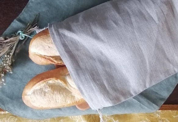 麻100%の丸底巾着 S＆M & L 3枚セット リトアニアリネンのパン袋 保存袋 厚手 無地 ブレッドバッグ 6枚目の画像