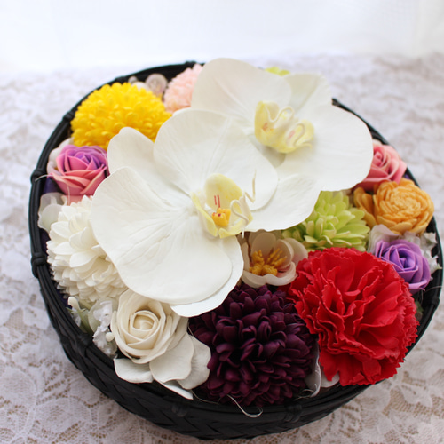 籐カゴ胡蝶蘭のソープフラワーアレンジ 誕生日 長寿 お祝い 還暦