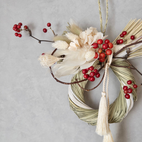 ドライフラワーのしめ縄リース/お正月飾り/しめ縄飾り しめ縄