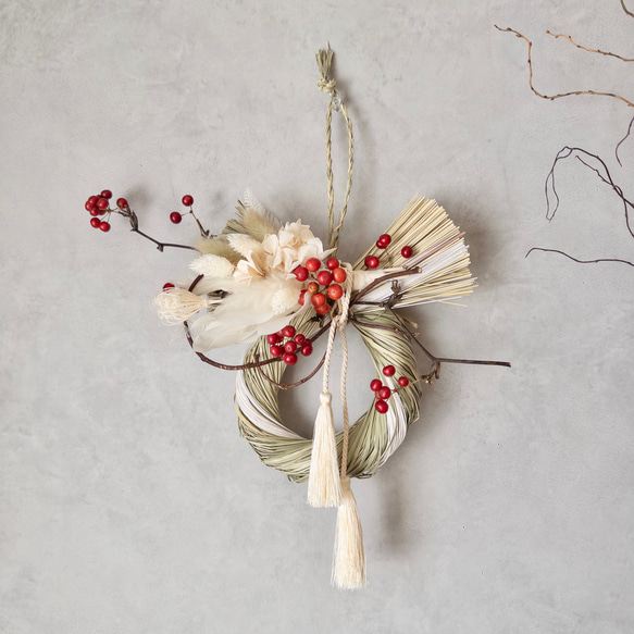 ドライフラワーのしめ縄リース/お正月飾り/しめ縄飾り しめ縄