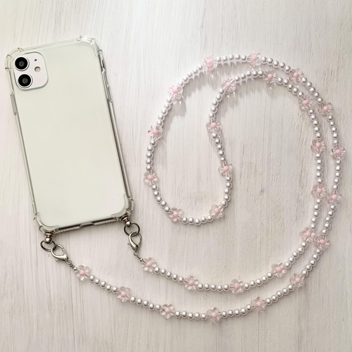 クリアケース ビーズ パール スマホショルダー ストラップ お花