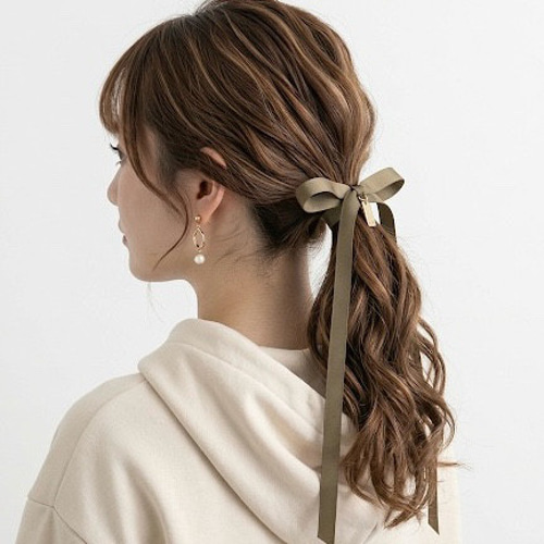 カーキ ブラウン 】コットンリボン の ポニーフック ヘアリボン ポニー