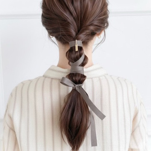 カーキ ブラウン 】コットンリボン の ポニーフック ヘアリボン ポニー