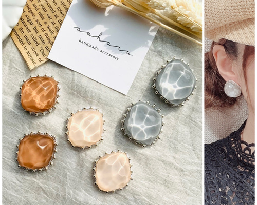 全3色 大人カラー 水面カボション ビーズ刺繍 ピアスビーズイヤリング