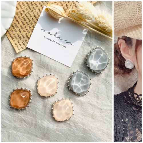 全3色 大人カラー 水面カボション ビーズ刺繍 ピアスビーズイヤリング  