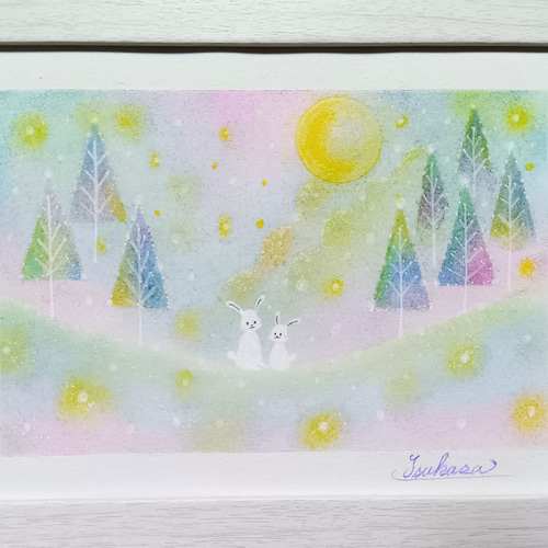 冬支度　ハンドメイドパステル画　絵画アート原画 冬のパステルアート 雪の森のうさぎの親子 パステル画原画 絵画 T's