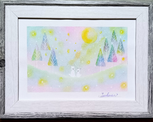冬のパステルアート 雪の森のうさぎの親子 パステル画原画 絵画 T's