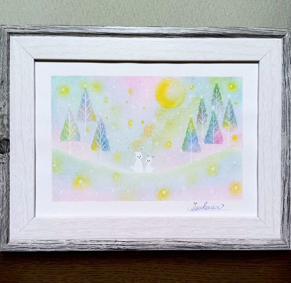 冬のパステルアート 雪の森のうさぎの親子 パステル画原画 絵画 T's