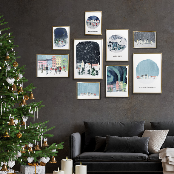 《超早割2022》クリスマスポスター　雪の街 / i0415 / 冬の夜　家や賑わう人々　森やオーロラなどの冬景色 8枚目の画像