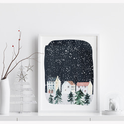 《超早割2022》クリスマスポスター　雪の街 / i0415 / 冬の夜　家や賑わう人々　森やオーロラなどの冬景色 1枚目の画像