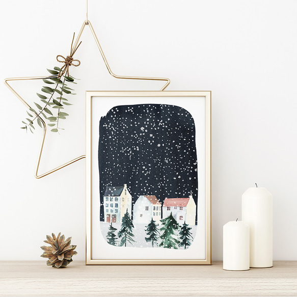 《超早割2022》クリスマスポスター　雪の街 / i0415 / 冬の夜　家や賑わう人々　森やオーロラなどの冬景色 2枚目の画像