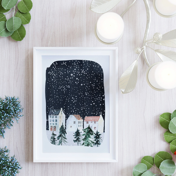 《超早割2022》クリスマスポスター　雪の街 / i0415 / 冬の夜　家や賑わう人々　森やオーロラなどの冬景色 5枚目の画像