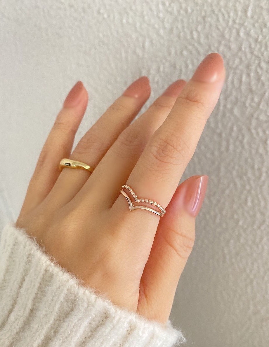 華奢なDoubleVブイラインまるまるvピンクゴールリングRG65