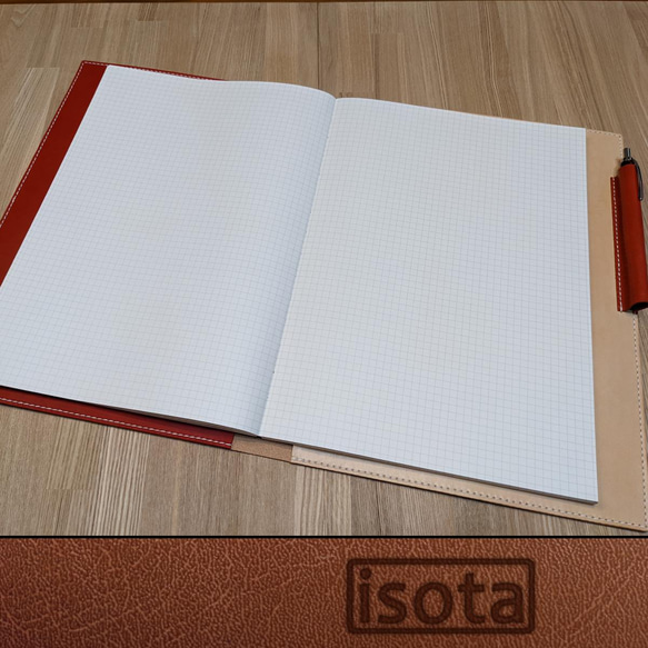 受注生産】レザーA4ノートカバー (ベージュ × 選べるカラー ペン差し付