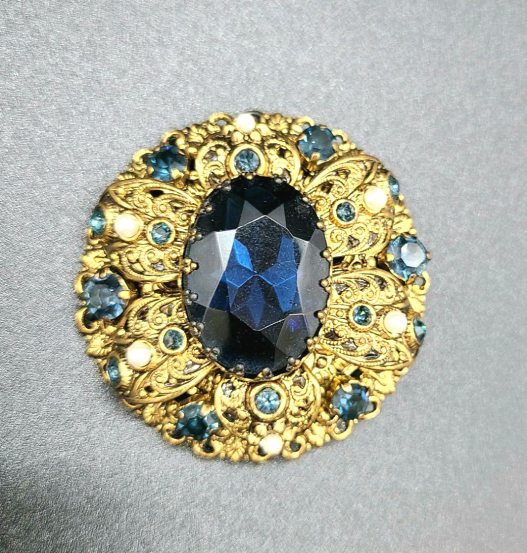 アンティーク ラインストーン ブルーブローチ