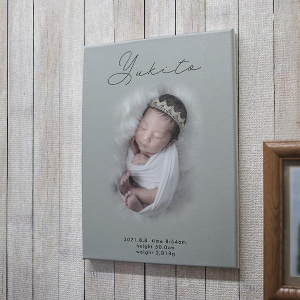 babyキャンバス フォトパネル ニューボーンフォト 命名書 33㎝×24㎝ 出産祝い 誕生の記念に 5枚目の画像