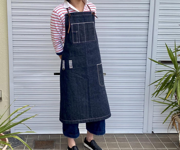 13.5oz・岡山産セルビッジデニムエプロン×本革☆アウトドア、おうち