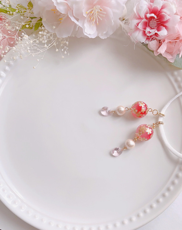 ✴︎桜✴︎ 和風ピアスみたいなマスクチャーム【Hijiri】和柄　和装　コットンパール　桃　ピンク 3枚目の画像