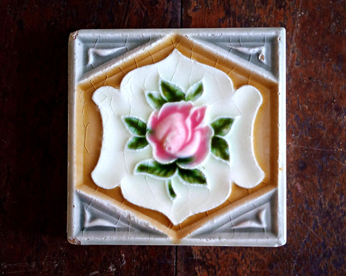 マジョリカタイル】バラの花柄タイル ターコイズグリーン 日本製