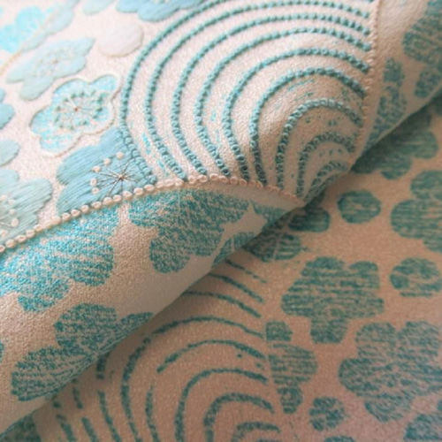 水色 京友禅 梅青海波模様 正絹緞子 丹後ちりめん おくみ部分 No.24-1