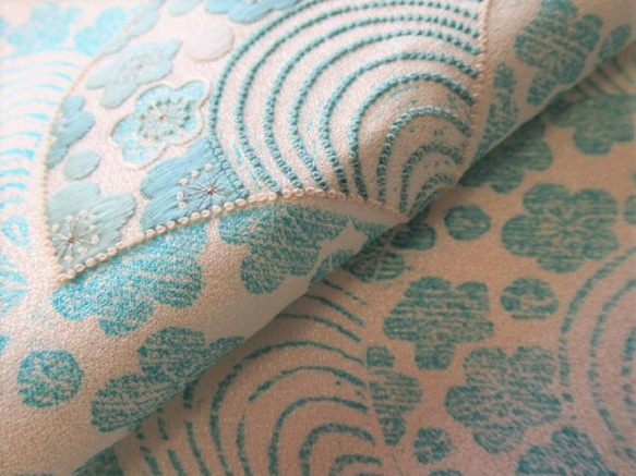 水色 京友禅 梅青海波模様 正絹緞子 丹後ちりめん おくみ部分 No.24-1