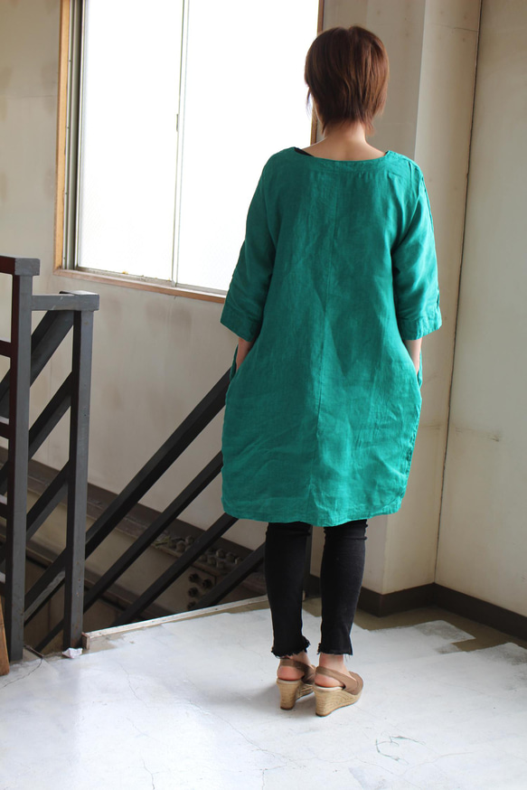 蝙蝠袖連身裙*立陶宛亞麻/熱帶綠色【訂製】 第3張的照片