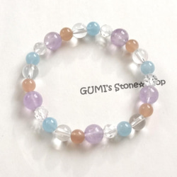 アクアマリンとオレンジムーンストーン！かわいい！ アメジスト×アクアマリン×オレンジムーンストーンのブレスレット
