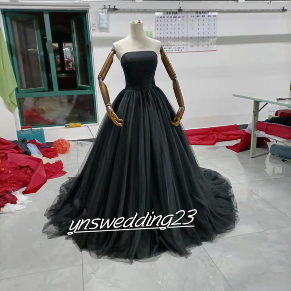 高品質！ カラードレス 黑 オーガンジー ベアトップ トレーン 前撮り 2  