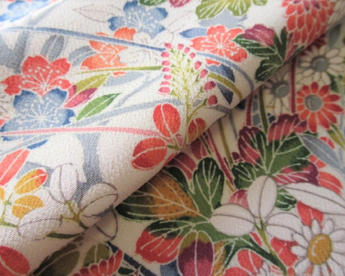 アイボリー 本加賀友禅 草花模様 正絹 丹後ちりめん おくみ部分 No.36