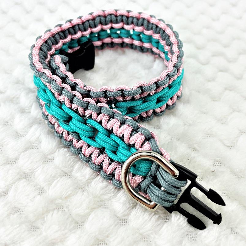 [公式]パラコード＃139マクラメ編みNo169ピンクグレーエメラルドグリーン小型犬用首輪