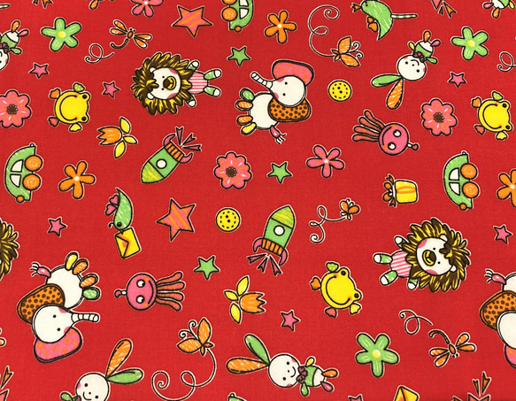 レッド 動物柄 宇宙 ロケット 子供・キッズ向け柄生地 カット生地  