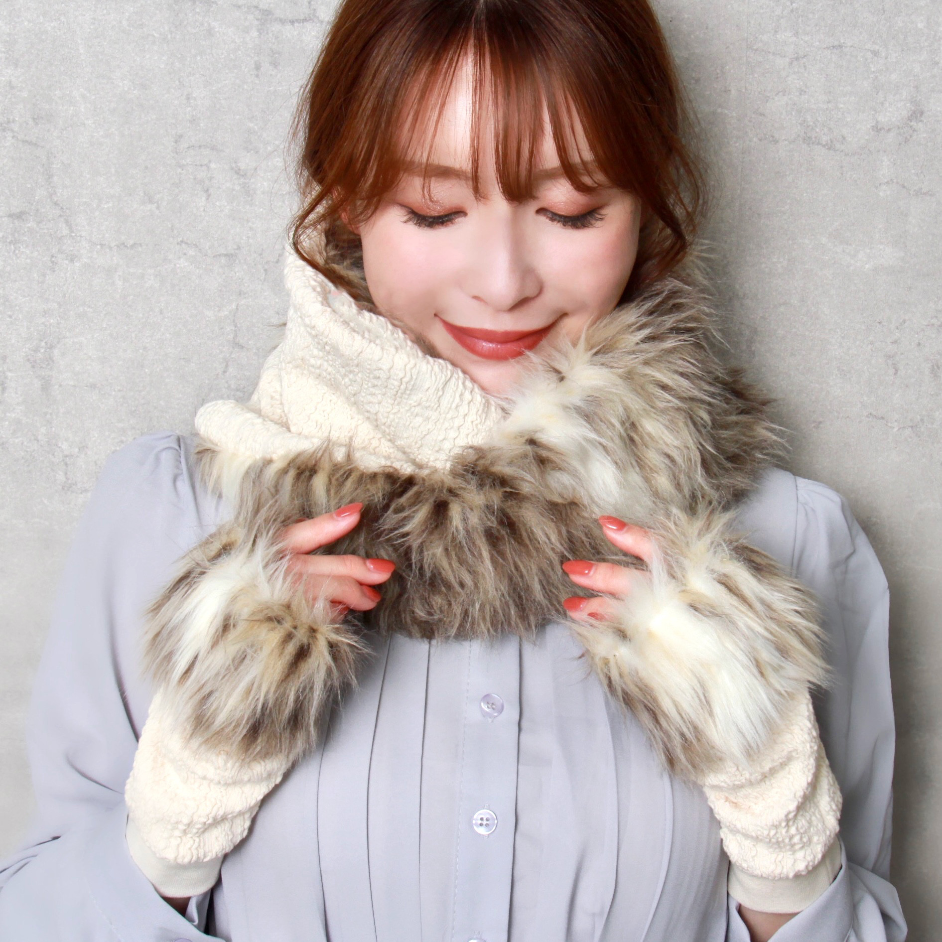 【Creema限定新春福袋〈竹〉】アラン織りニットとロングファーのねじりスヌード＆ハンドウォーマー【アイボリー】