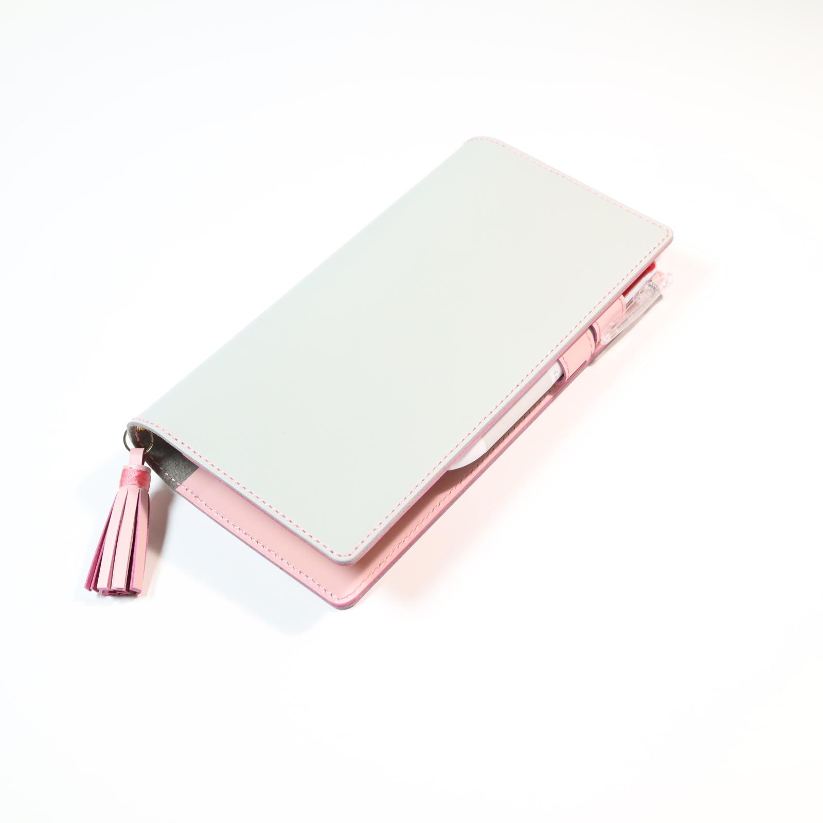 ほぼ日Weeks 可愛い　手帳カバー　バタフライストッパー　ペールグレーさくら色　タッセル