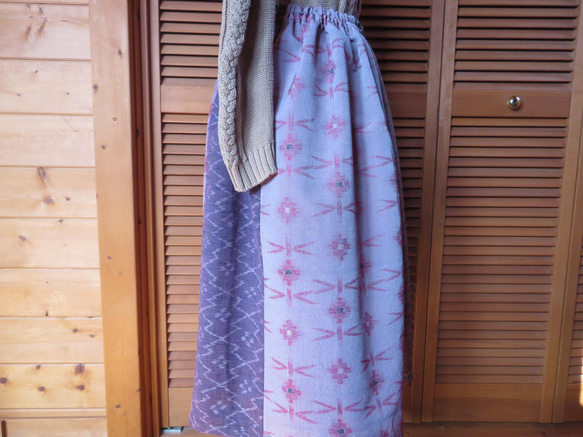 紫系　ウールの着物をパッチしたギャザースカート　着物リメイク　訳あり価格 7枚目の画像